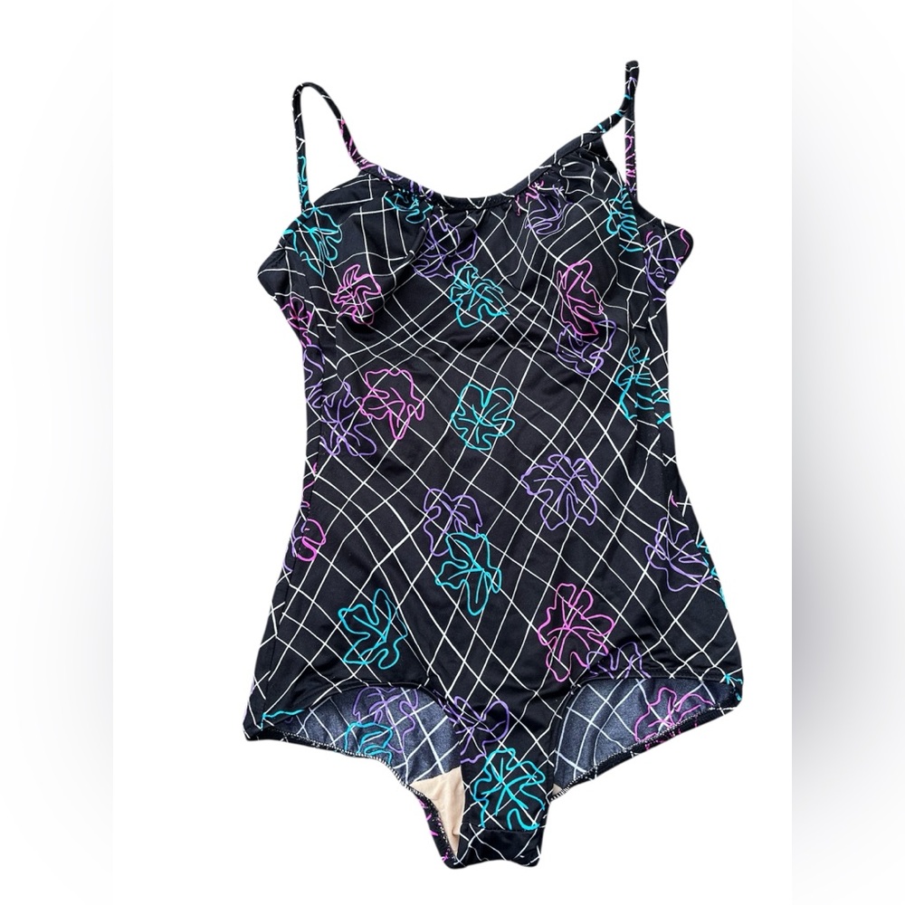 VTG Maxine Of Hollywood One Piece Swimsuit Size 16 Black Pink Green Purple